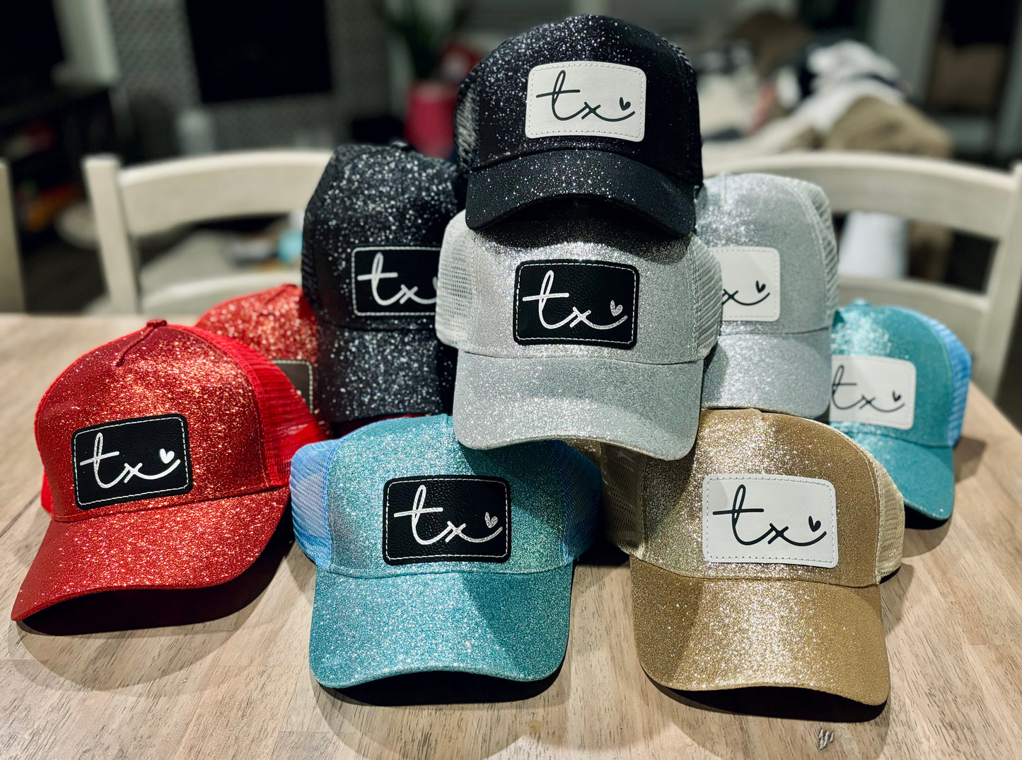 Ladies TX Glitter Hats with High Pony Tail Spot