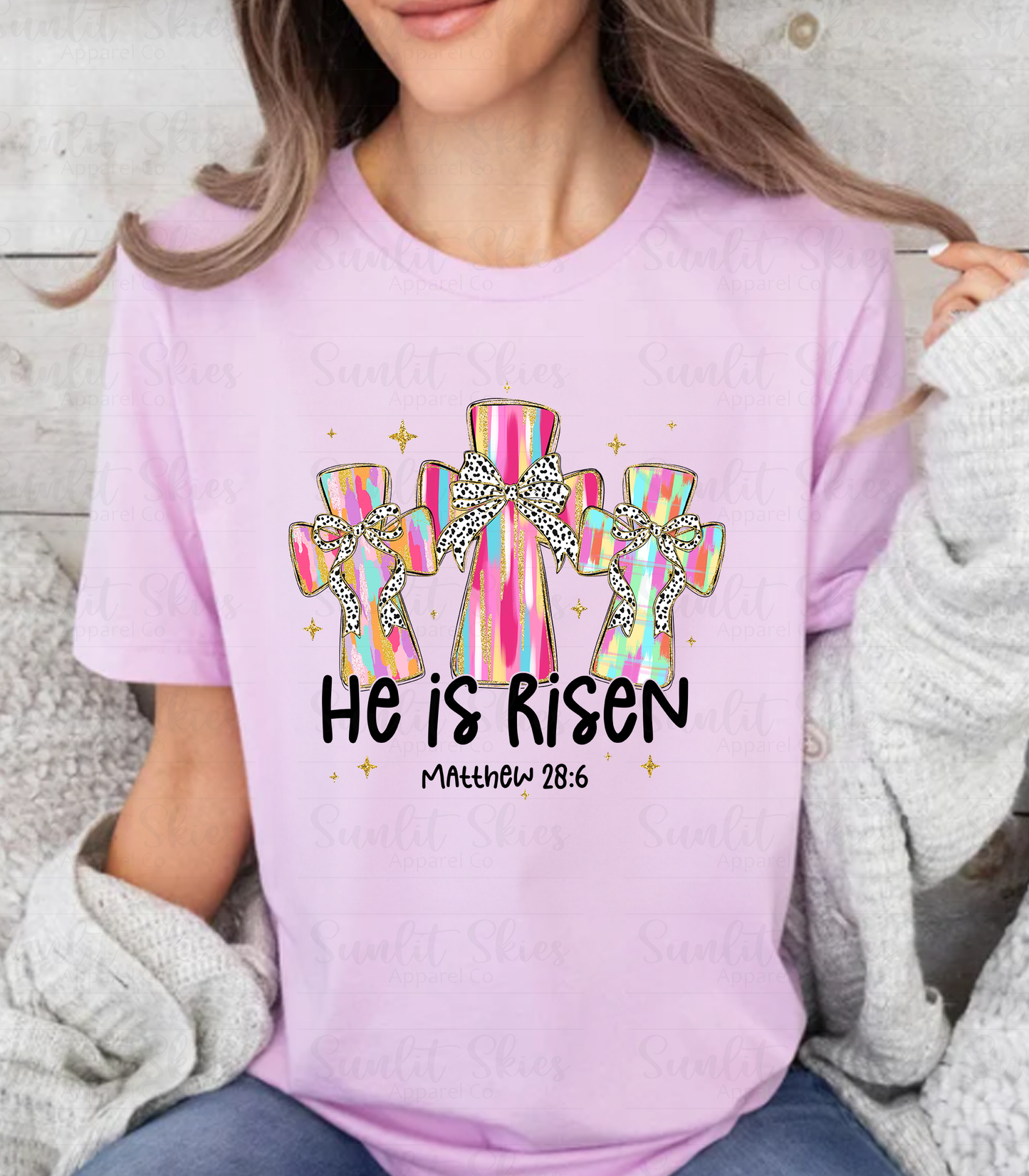 He is Risen cross Easter t-shirt comfy and cozy with the verse Matthew 28:6