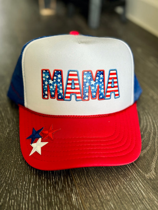 Red, White, and Blue Mama Stars and Stripes Trucker hat with Star Patches