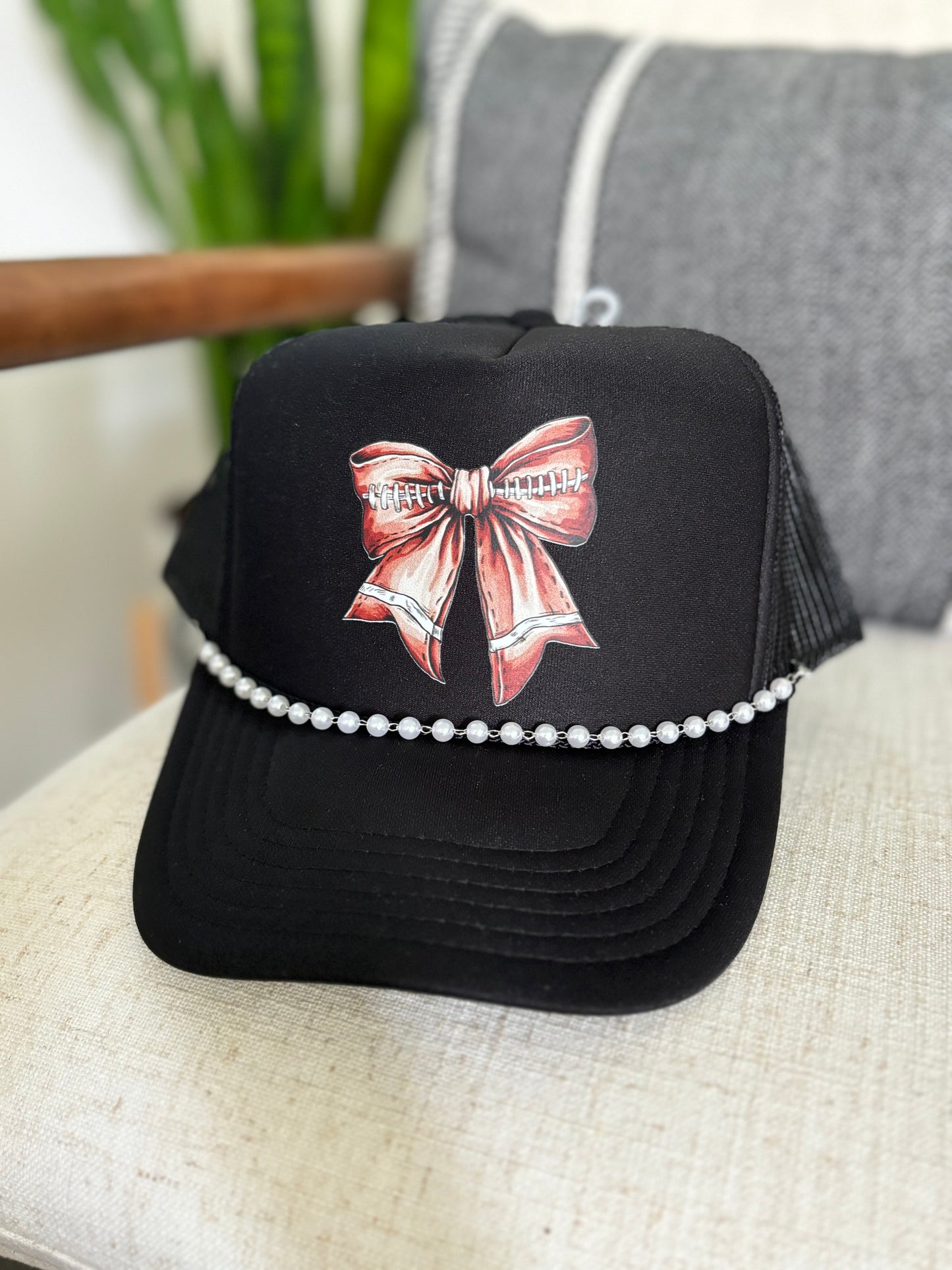 Football Bow Trucker Hat with Pearl Chain (multiple colors)