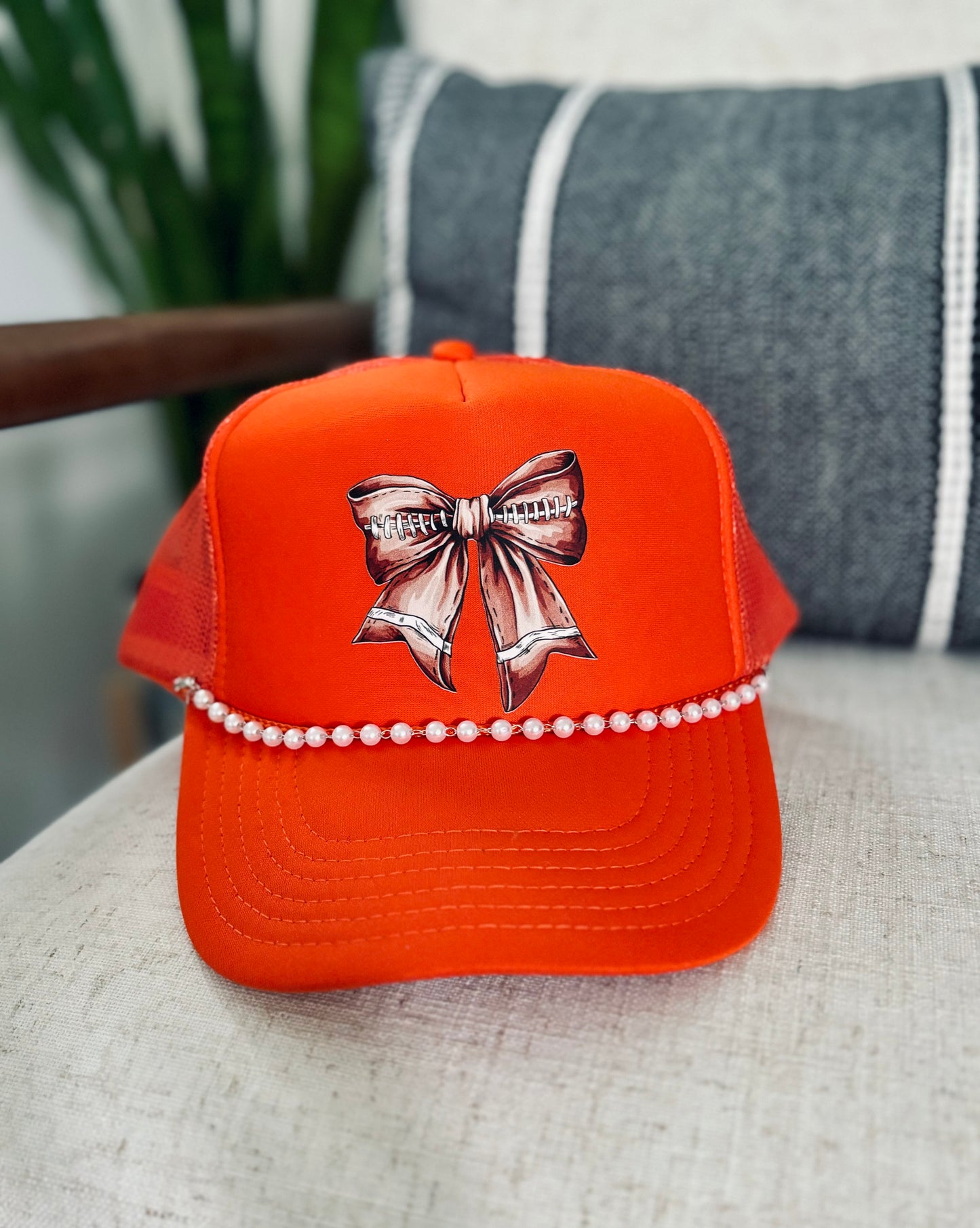 Football Bow Trucker Hat with Pearl Chain (multiple colors)