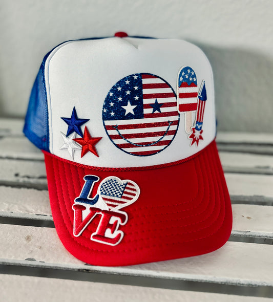 Red, White, and Blue Smiley Trucker Hat with Custom Patches