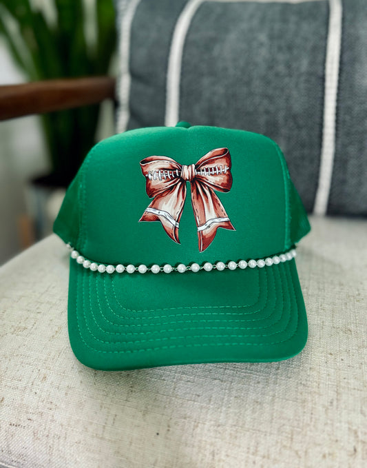 Football Bow Trucker Hat with Pearl Chain (multiple colors)