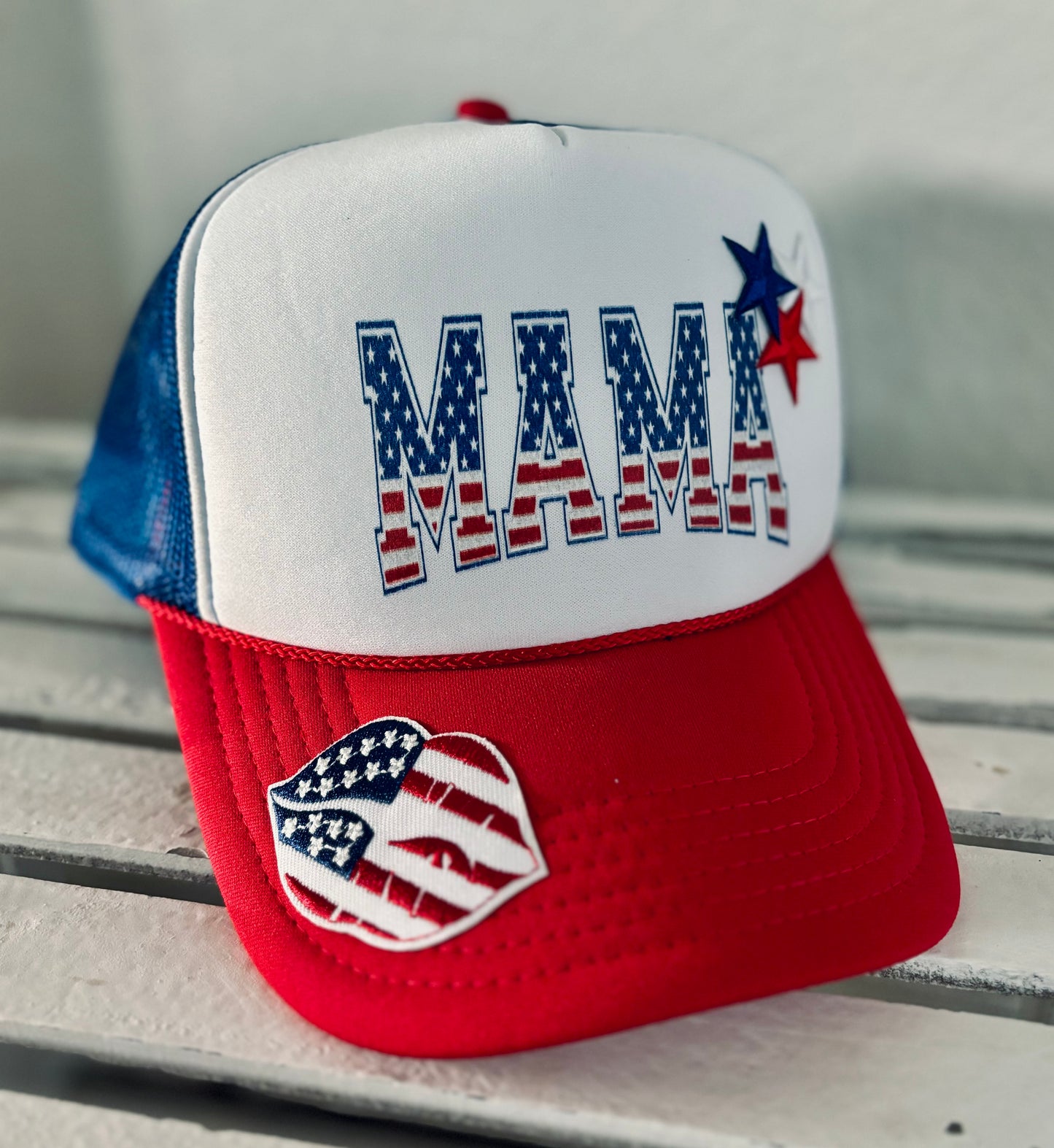 Red, White, and Blue MAMA trucker hat