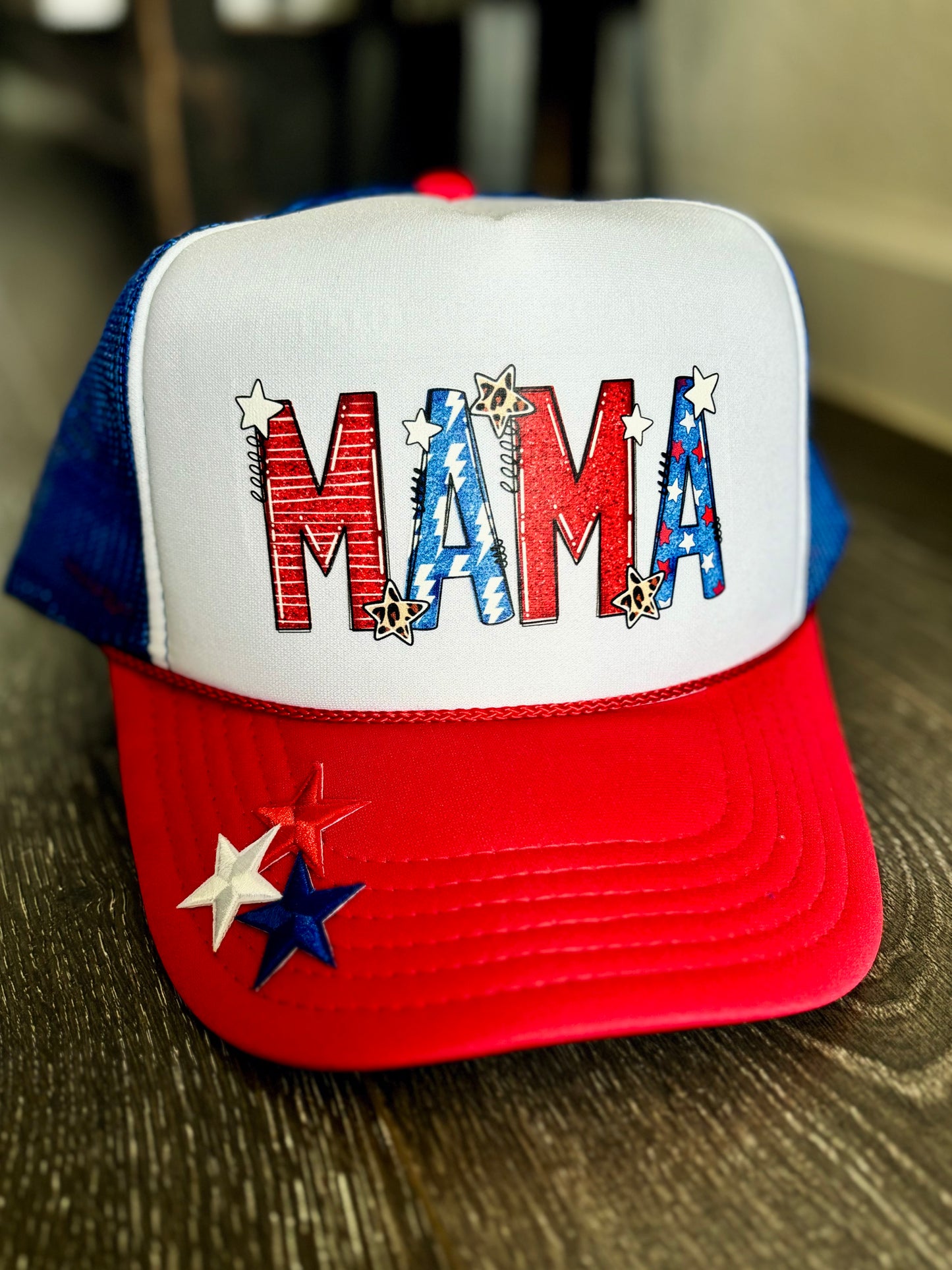 Red, White, and Blue Mama Multi Print Trucker hat with Star Patches