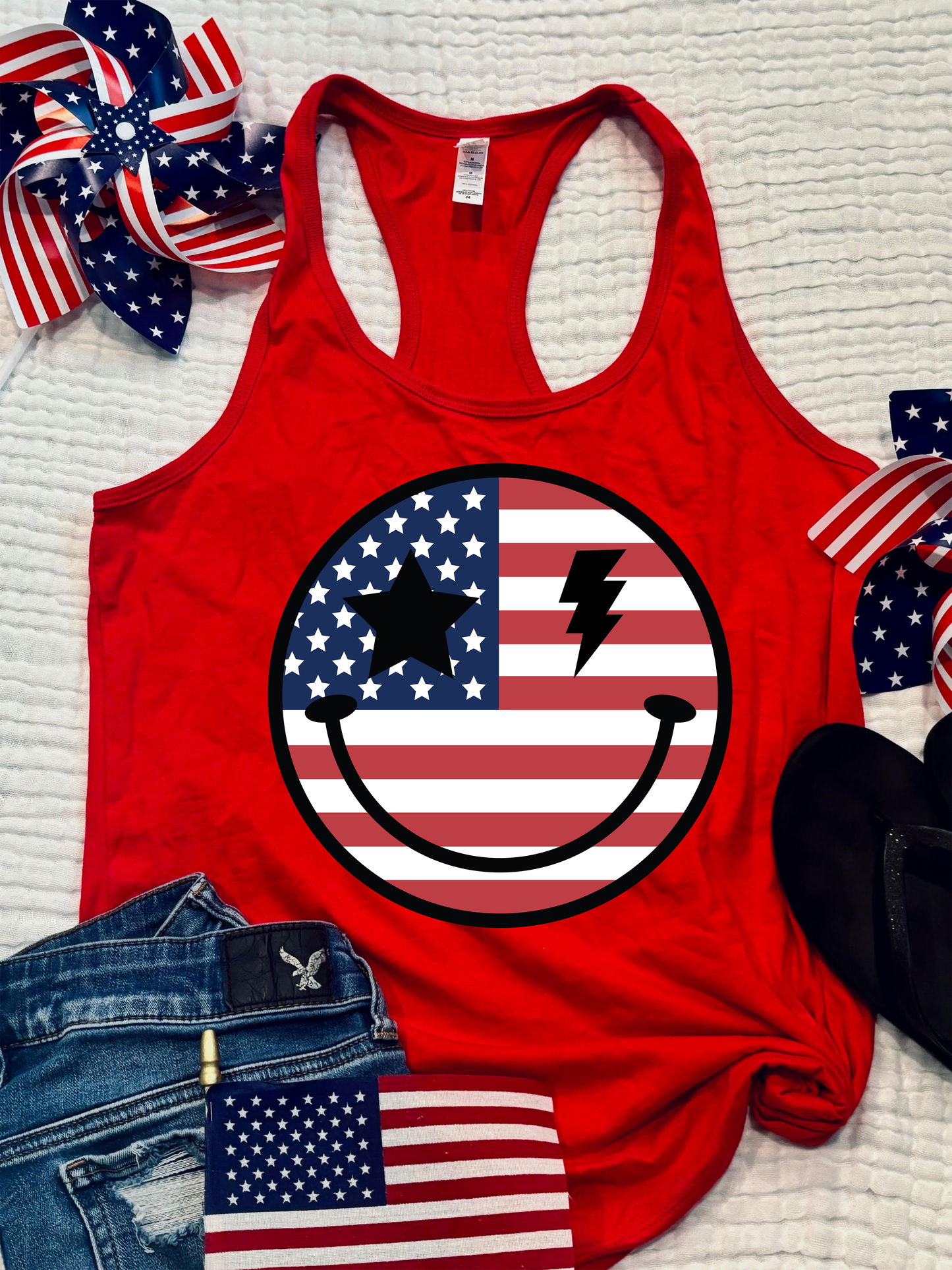 July 4th Smiley Face Racerback Tank Top